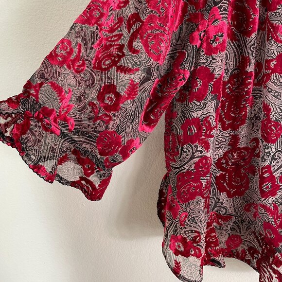 Democracy Womens Plus 1X Off The Shoulder Sheer Crushed Velvet Floral Top Shirt - Picture 10 of 14